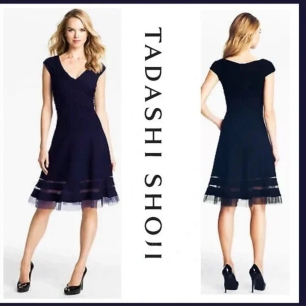 Tadashi Shoji NWT fit to flare navy trumpet skirt cocktail elegant dress formal